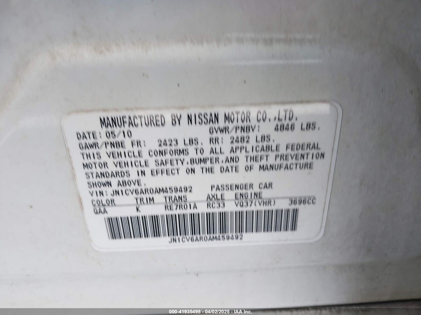 2010 INFINITI G37X VIN: JN1CV6AR0AM459492
