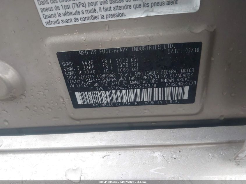 2010 Subaru Legacy 2.5I Premium VIN: 4S3BMCC67A3239379 Lot: 41935532