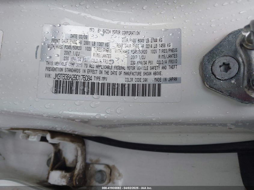 2009 MAZDA CX-9 VIN: JM3TB38A290175084