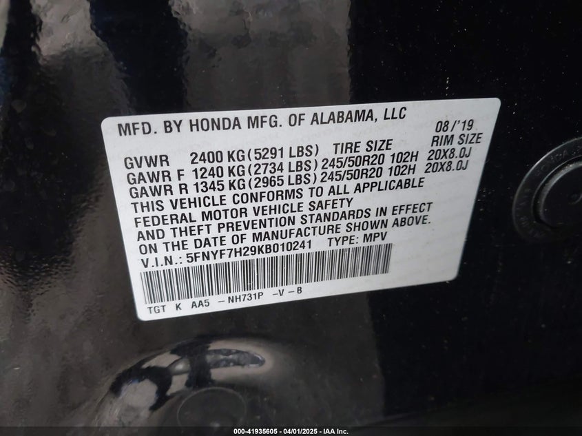 VIN 5FNYF7H29KB010241 2019 HONDA PASSPORT SPORT