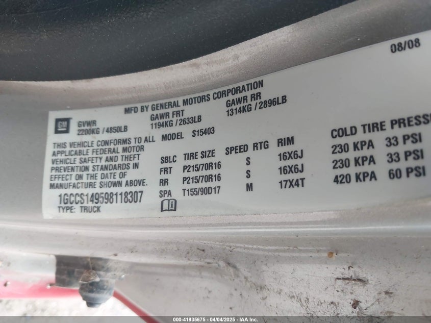 2009 CHEVROLET COLORADO VIN: 1GCCS149598118307