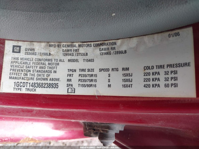 2006 CHEVROLET COLORADO VIN: 1GCDT148368238935
