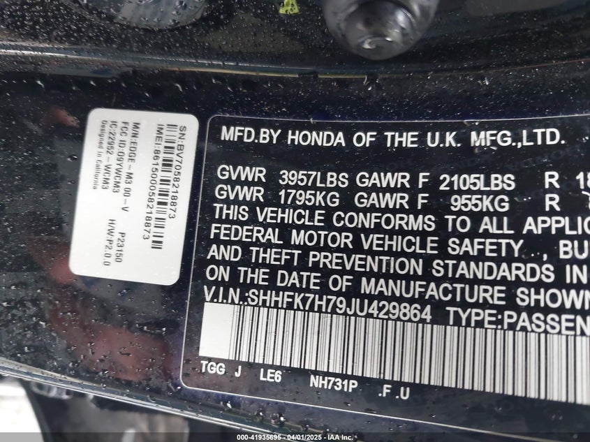 2018 HONDA CIVIC VIN: SHHFK7H79JU429864