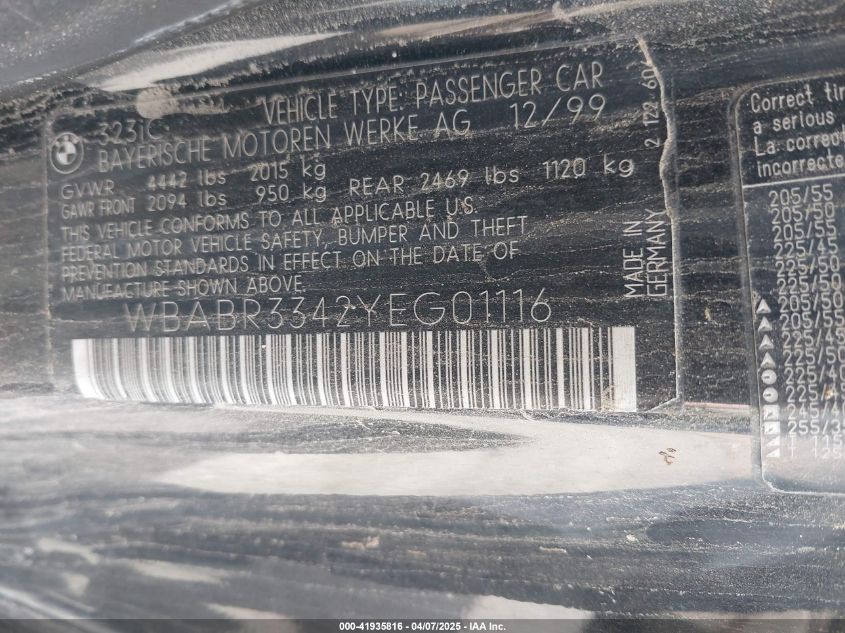 2000 BMW 323Ci VIN: WBABR3342YEG01116 Lot: 41935816