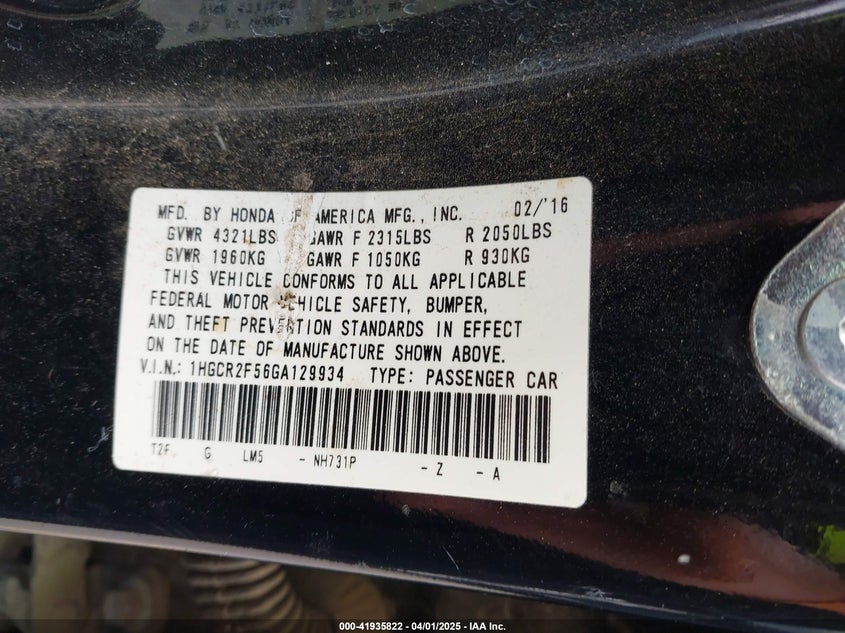 2016 HONDA ACCORD SPORT - 1HGCR2F56GA129934