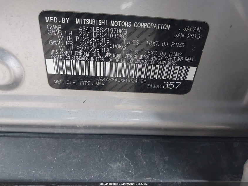 2019 MITSUBISHI OUTLANDER SPORT VIN: JA4AR3AUXKU024194