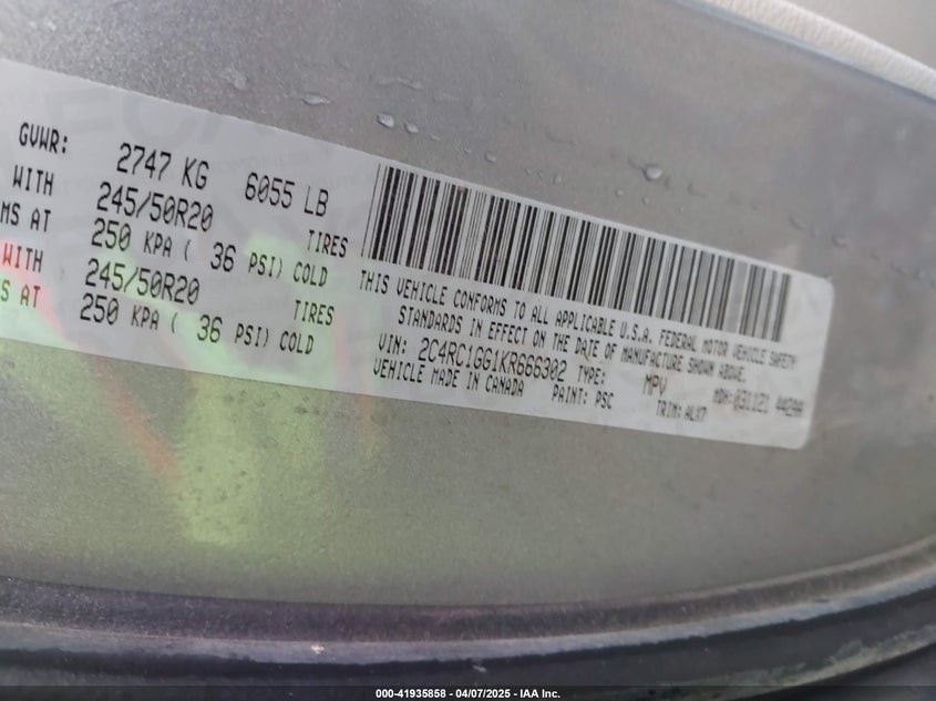 2019 CHRYSLER PACIFICA VIN: 2C4RC1GG1KR666302