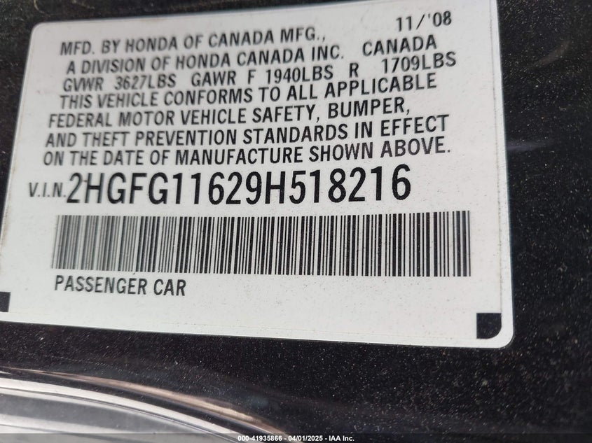 2009 HONDA CIVIC VIN: 2HGFG11629H518216