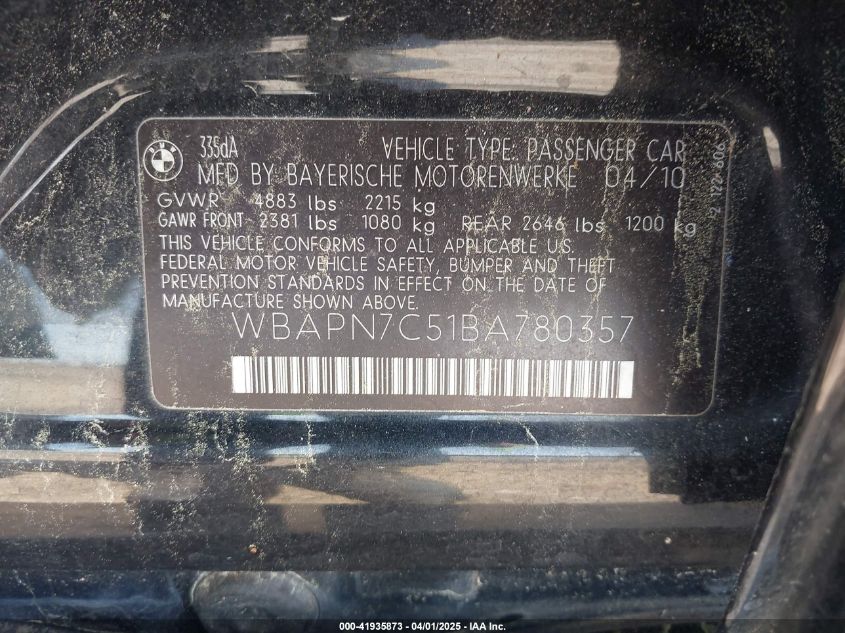 2011 BMW 335D VIN: WBAPN7C51BA780357 Lot: 41935873