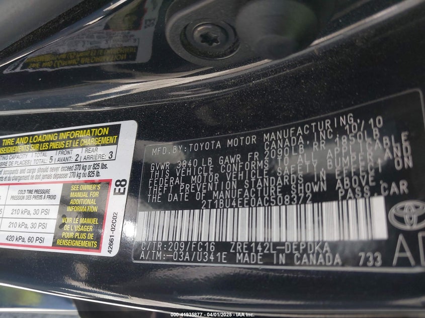 2010 TOYOTA COROLLA VIN: 2T1BU4EE0AC508372
