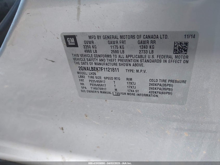2015 CHEVROLET EQUINOX VIN: 2GNALBEK7F1121811