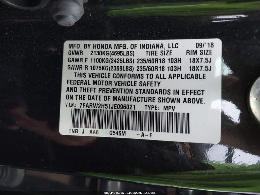 2018 HONDA CR-V EX - 7FARW2H51JE096021