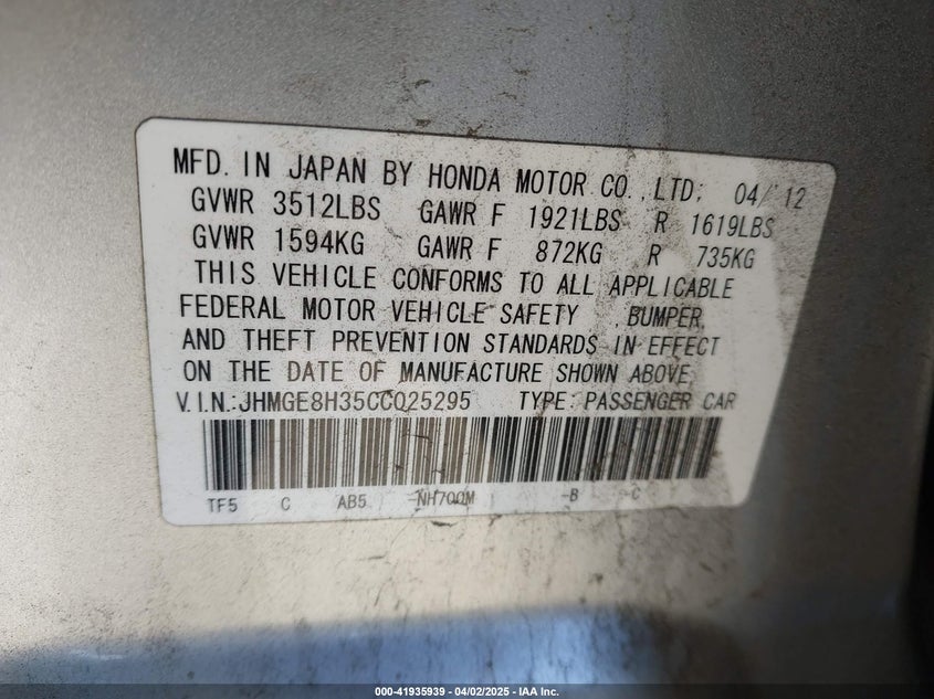 2012 HONDA FIT VIN: JHMGE8H35CC025295