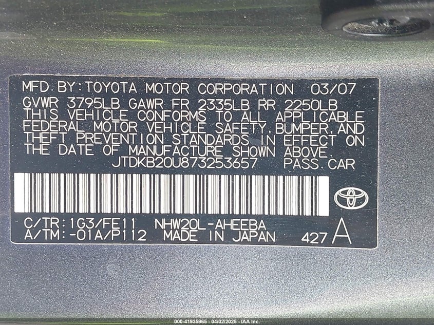 2007 TOYOTA PRIUS VIN: JTDKB20U873253657