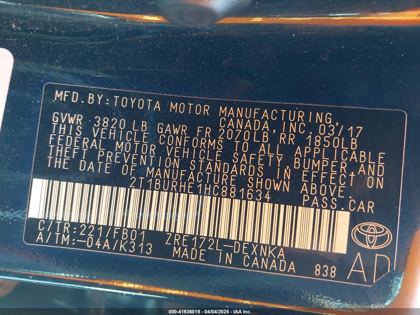 VIN 2T1BURHE1HC881634 2017 TOYOTA COROLLA LE