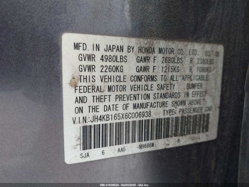 2006 Acura Rl 3.5 VIN: JH4KB165X6C006938 Lot: 41936024