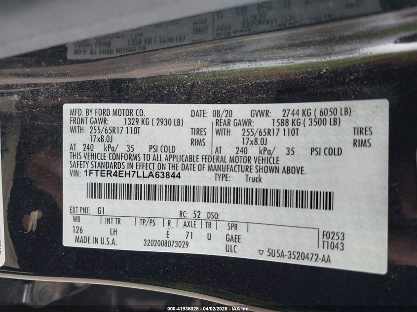 2020 FORD RANGER VIN: 1FTER4EH7LLA63844
