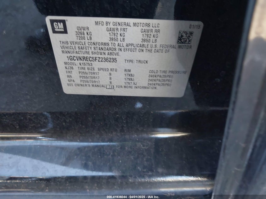 2015 CHEVROLET SILVERADO 1500 VIN: 1GCVKREC5FZ236235