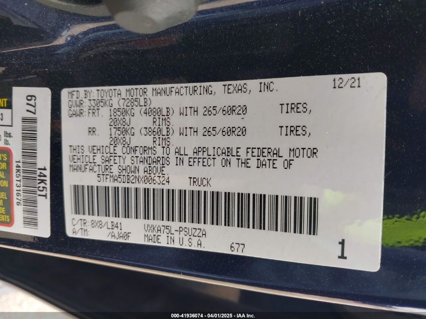 2022 Toyota Tundra - 5TFMA5DB2NX006324