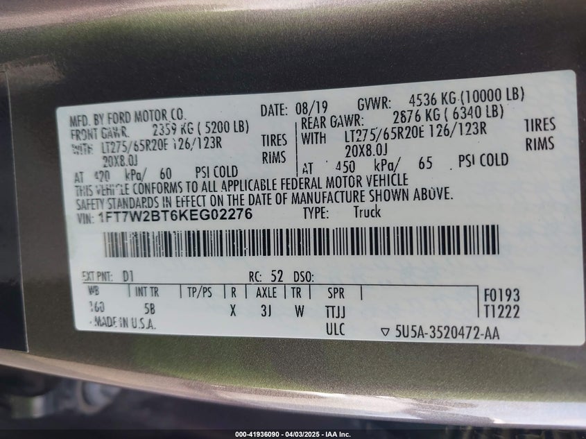 2019 FORD F250 VIN: 1FT7W2BT6KEG02276