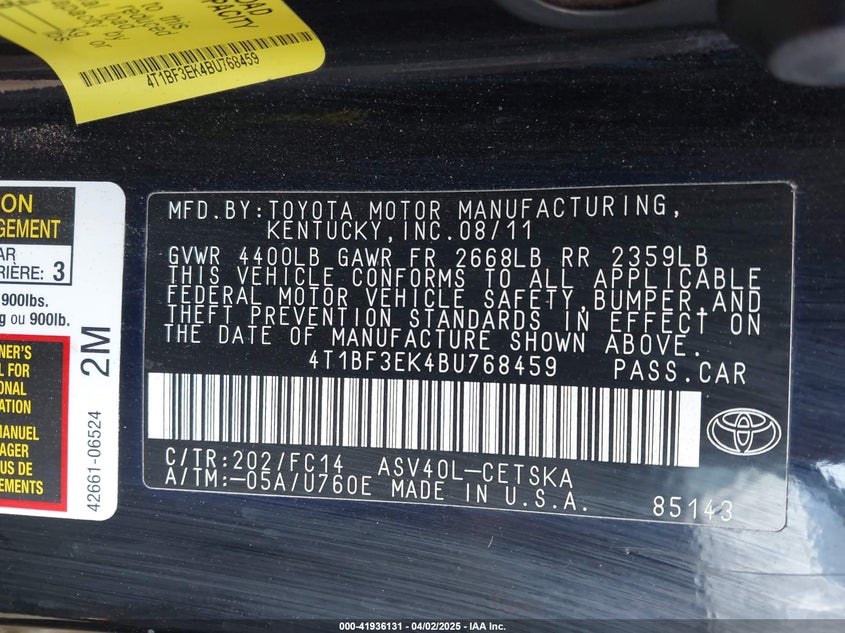 2011 TOYOTA CAMRY VIN: 4T1BF3EK4BU768459