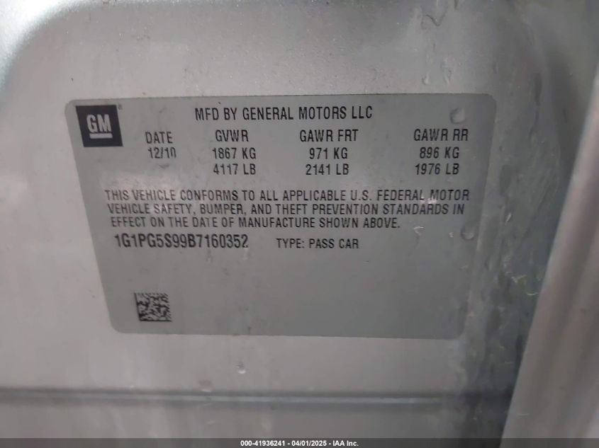 2011 Chevrolet Cruze 2Lt VIN: 1G1PG5S99B7160352 Lot: 41936241