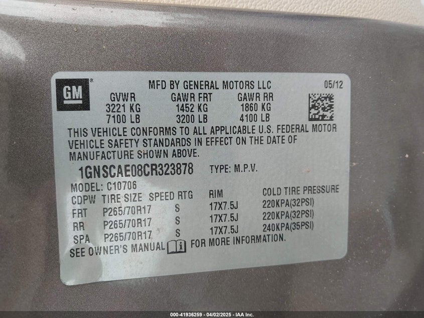 2012 CHEVROLET TAHOE VIN: 1GNSCAE08CR323878