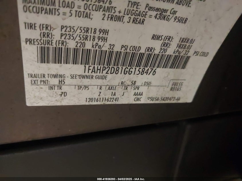 2016 FORD TAURUS VIN: 1FAHP2D81GG158476