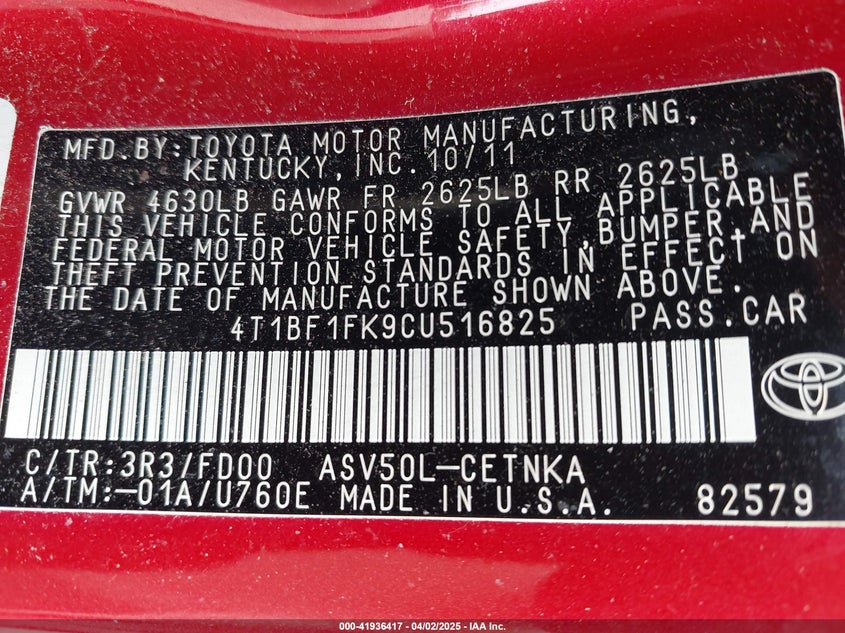 2012 TOYOTA CAMRY VIN: 4T1BF1FK9CU516825