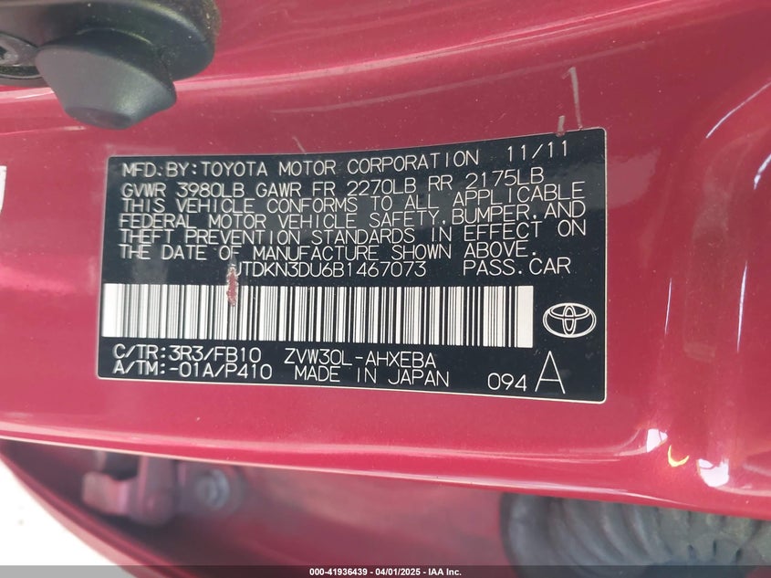2011 TOYOTA PRIUS VIN: JTDKN3DU6B1467073