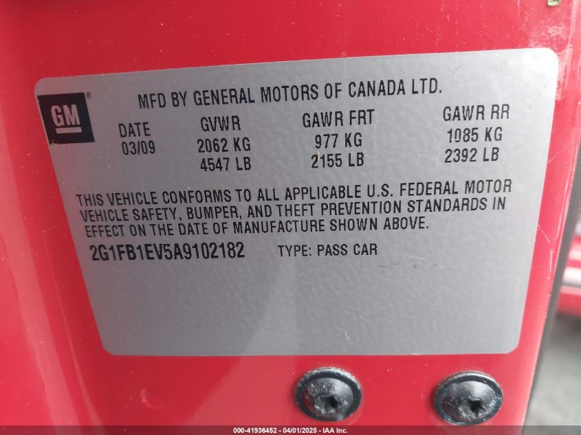 2010 Chevrolet Camaro 1Lt VIN: 2G1FB1EV5A9102182 Lot: 41936452