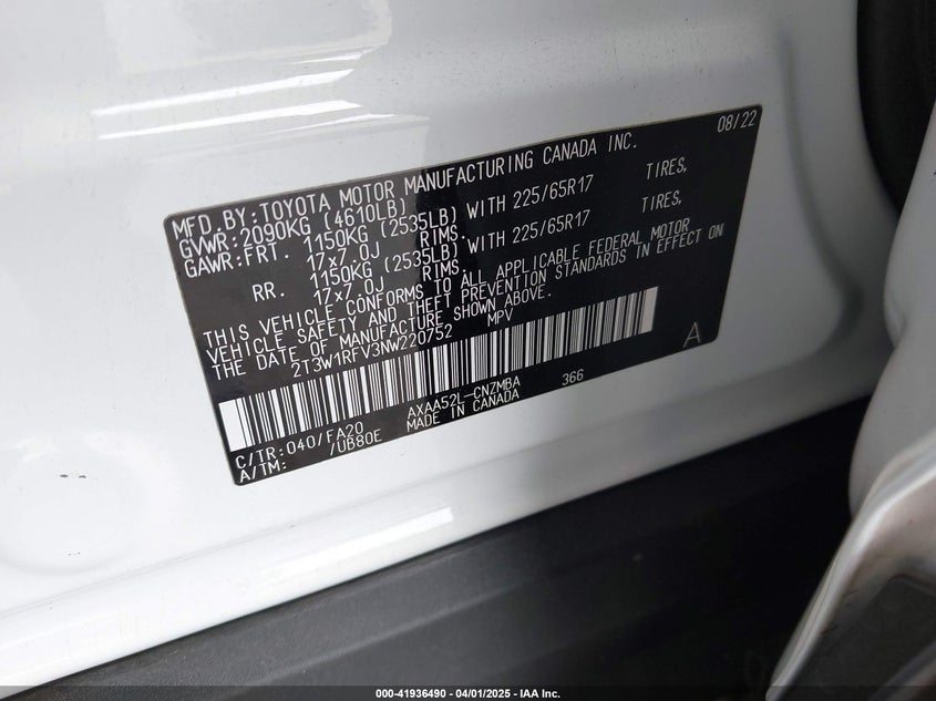 2022 TOYOTA RAV4 VIN: 2T3W1RFV3NW220752