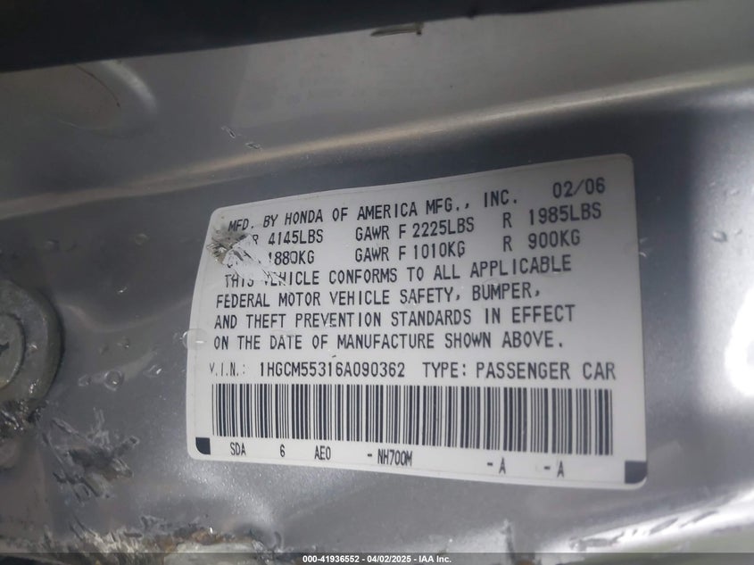 2006 HONDA ACCORD VIN: 1HGCM55316A090362