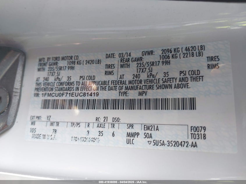 2014 FORD ESCAPE VIN: 1FMCU0F71EUC81419