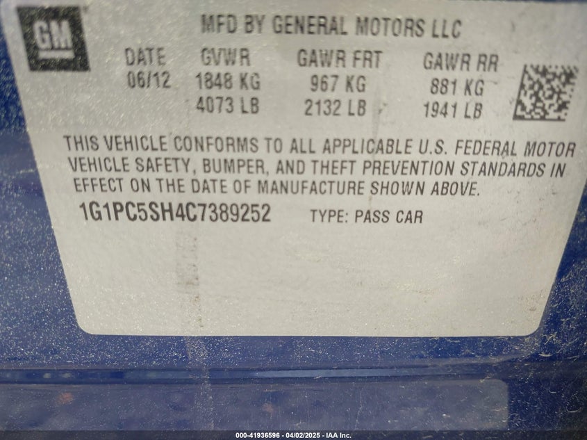 2012 CHEVROLET CRUZE VIN: 1G1PC5SH4C7389252