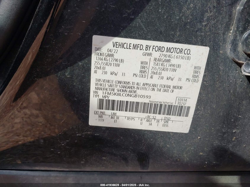 2022 FORD EXPLORER VIN: 1FM5K8LC0NGB10593