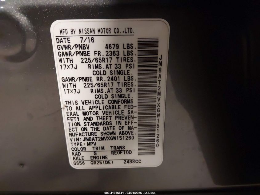 2016 Nissan Rogue S VIN: JN8AT2MVXGW151260 Lot: 41936641