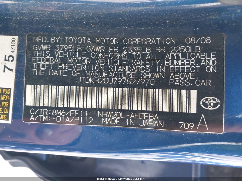 2009 TOYOTA PRIUS VIN: JTDKB20U797827970