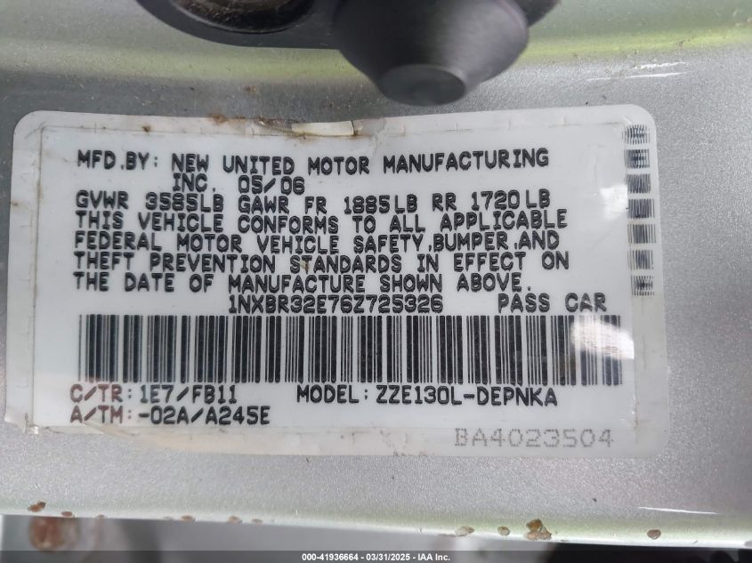 2006 Toyota Corolla Le VIN: 1NXBR32E76Z725326 Lot: 41936664