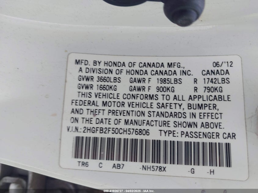 2012 Honda Civic Lx VIN: 2HGFB2F50CH576806 Lot: 41936727