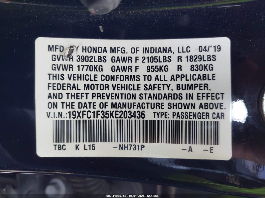 2019 HONDA CIVIC VIN: 19XFC1F35KE203436