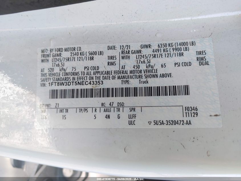2022 Ford F-350 Xl VIN: 1FT8W3DT5NEC43353 Lot: 41936775