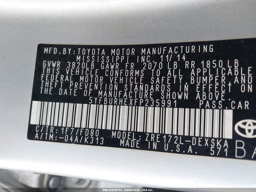 2015 TOYOTA COROLLA VIN: 5YFBURHEXFP235991