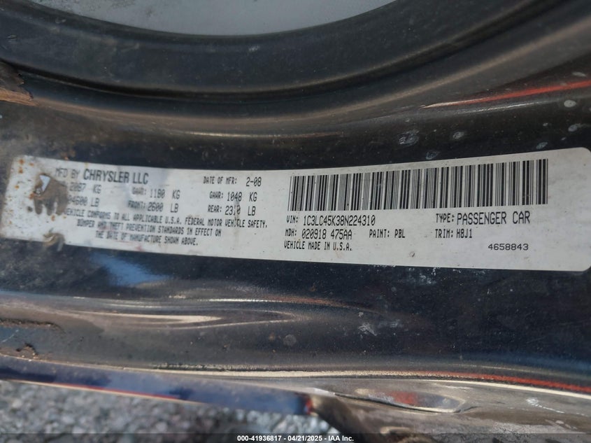 2008 CHRYSLER SEBRING VIN: 1C3LC45K38N224310