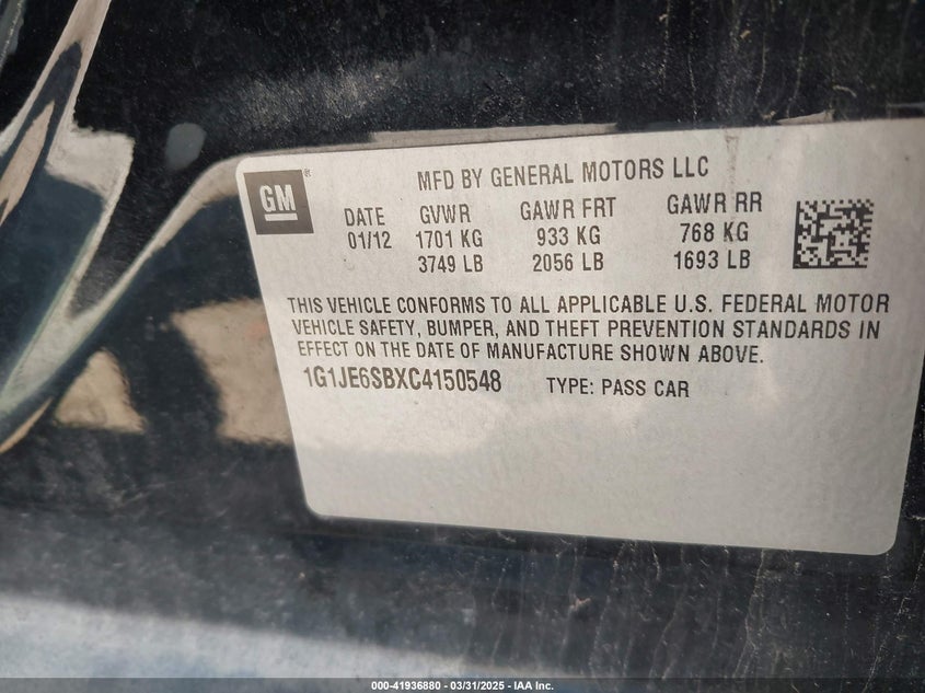 2012 CHEVROLET SONIC VIN: 1G1JE6SBXC4150548