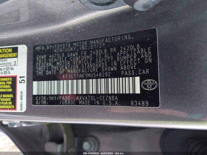 2021 TOYOTA CAMRY LE - 4T1C11AK1MU548292