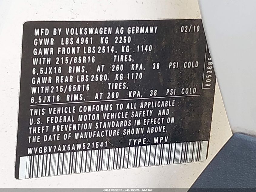 2010 Volkswagen Tiguan S VIN: WVGBV7AX6AW521541 Lot: 41936952