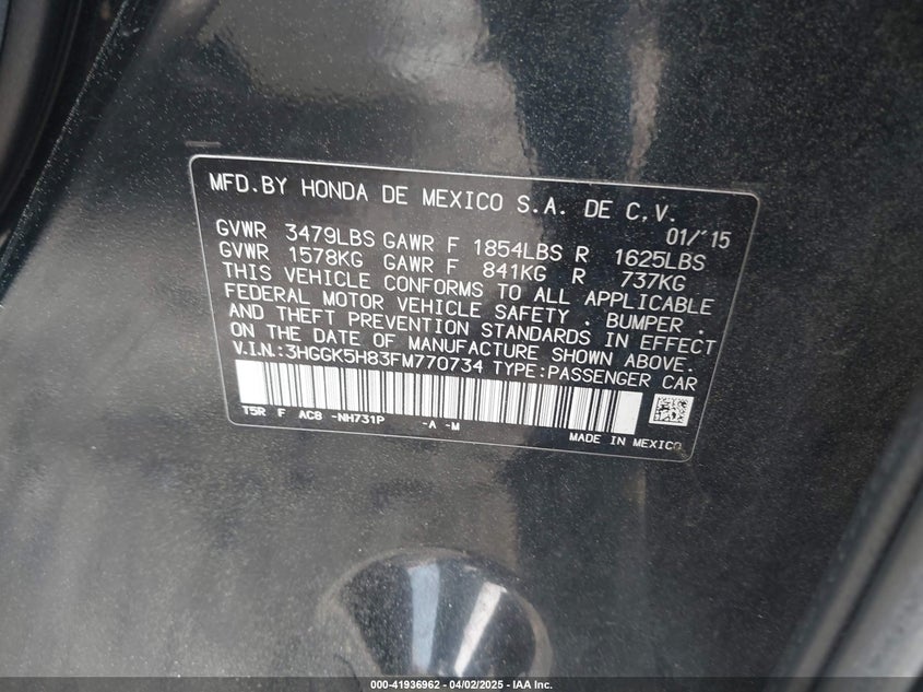 2015 HONDA FIT VIN: 3HGGK5H83FM770734