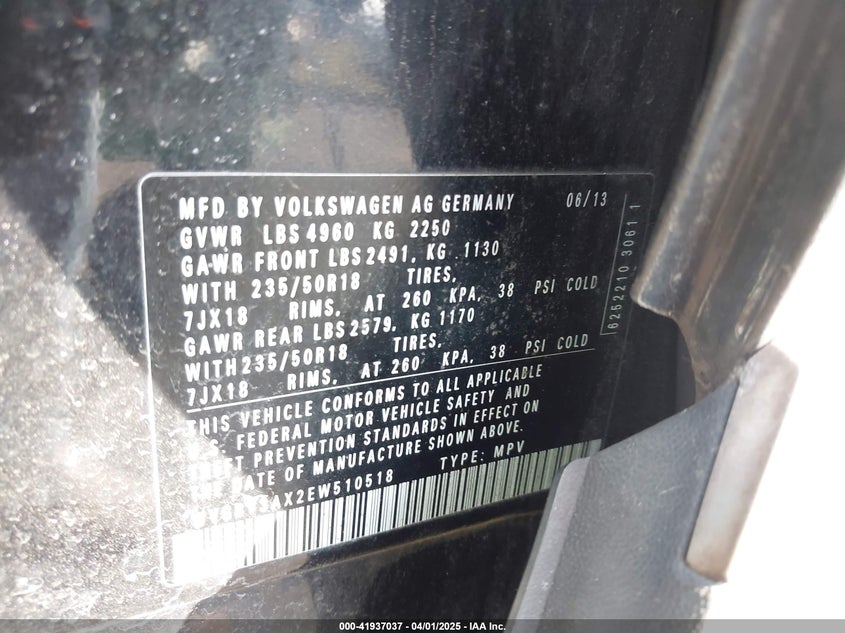 2014 VOLKSWAGEN TIGUAN VIN: WVGBV3AX2EW510518