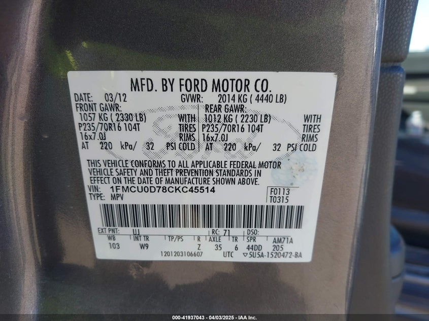 2012 FORD ESCAPE VIN: 1FMCU0D78CKC45514